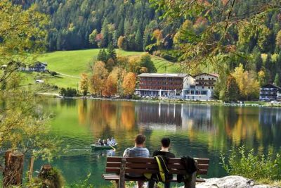 Green Mirror Lake Hintersee in Berchtesgadener national park.