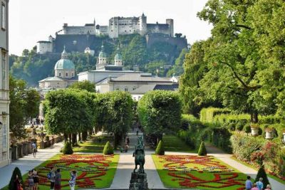 Salzburg-Castel view from Mirabel garden Pegasus horse fountain.