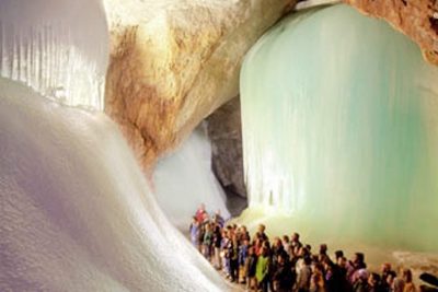 : Ice formations inside the Werfen Ice Caves.